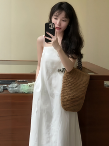 VKSOD | Summer Fashionable White Strapless Dress Womens Simple Loose Slimming Long Skirt Korean Style High Waist No Sleeve Pure Color