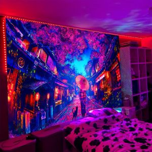 VIKAMA Hoa Anh Đào Nhật Bản Neon Anime Blacklight Tấm Thảm Treo Tường Trang Trí Cho Phòng Ngủ Ký Túc Xá Phòng Chơi Game Polyester