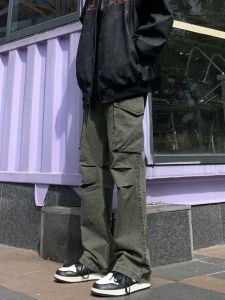 American Vibe Mens Loose Straight Leg High Street Retro Wide Leg Floor-Length Multi-Pocket Casual Workwear Trousers