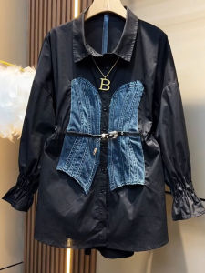 พลัสไซส์ ผู้หญิง ลายสก็อต เดนิม เสื้อ ปกตั้ง ประกบ พรางหุ่น แขนยาว หลากหลาย เสื้อท่อนบน สไตล์เกาหลี ชุดเดินทางสํานักงาน