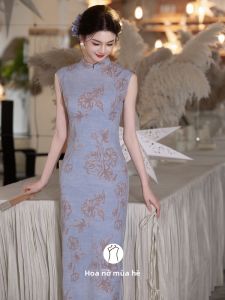 Đầm Kiểu Qipao Không Tay Màu Xanh Mùa Hè Phong Cách Trung Quốc Dây eo Thon Có Khe