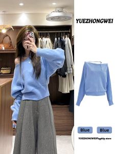 YUEZHONGWEI | Irregular Off-shoulder Slim Short Knit Sweater