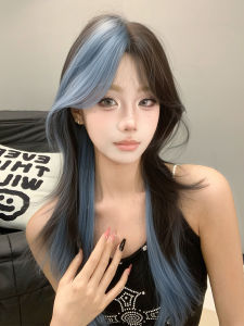 Tide Womens Lolita Wig Realistic Half-Up Blue Highlighted Full-Top Hairpiece Fashionable Anti-Aging Side Part Hair Extension