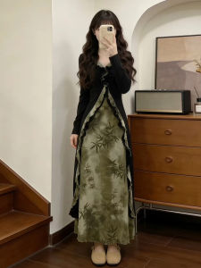 Ge·an·fei | Green New Chinese Style High-end Autumn Long Dress Set