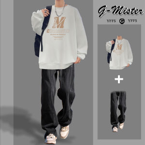 Autumn and Winter round Neck Sweatshirt Suit Boys Casual Matching Trendy Handsome a Set of Mens Clothing Fried Street Denim Two-piece Set