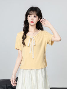 ZISUO | Yellow V-neck Short Sleeve Womens Summer New Design Lace-up T-shirt