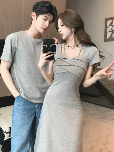 Elegant Couple Summer Outfit Slimming Dress Womens Short Sleeve T-Shirt French Style Long Skirt One Dress One Shirt