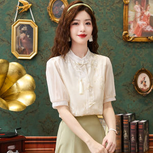 Elegant Short Sleeve Silk Shirt for Women Chinese Style Embroidery Fringe Button up Top Silk 90% Polyester 10% Summer Fashion