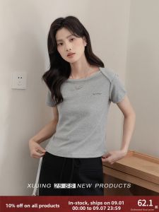 Áo Thun Tay Ngắn Thêu Chữ Thiết Kế Màu Xám