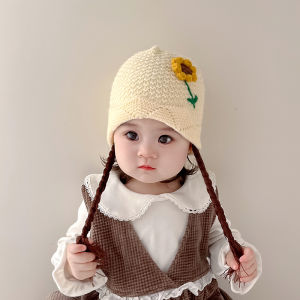 Cute Baby Girl Wig Braid Cap Winter Warm Ear Protection Hat 1-3year Kids Knitted Beanies Crochet Flower Children Skullies Caps