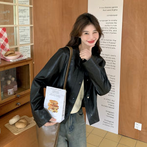 Retro Hong Kong Style Womens Black PU Leather Jacket Short Coat Spring Autumn New Arrival Fashionable Small Size Street Style