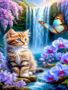 Huacan 5D DIY Diamond Painting Kitten Waterfall Orchid Diamond Mosaic Animal New Collection 2026 Decorative Paintings