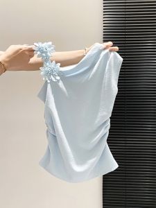 LUOSHAO | Áo nữ thiết kế hoa nổi 3D lệch vai không tay chiết eo tôn dáng thanh lịch