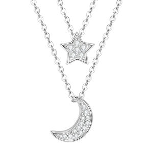 IOGOU | IOGOU D0.14CT VVS1 Moissanite Double Layer Pendant Necklace 925 Sterling Silver Moon Star Choker Necklace for Women Jewelry Gift
