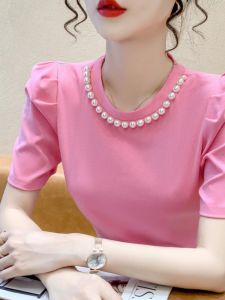 Summer New Style Womens Slim Fit Cotton T-Shirt Pearl Embellished Bubble Sleeve round Neck Short Sleeve Fashionable Youthful