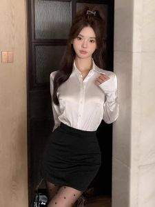 Professional Commuter Womens Shirt 2025 Spring Autumn New Pure Desire Slim Fit Waist Cinch Shirt High Waist Bodycon Skirt Two Piece Set