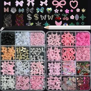 12Grids 3D Pink Bowknot Flower Bear Nail Art Decorations&2Tools Metal Cherry Butterfly Simulated Pearl Nail Charms for DIY Nails