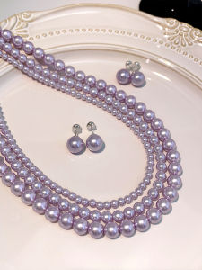 Purple Pearl Necklace for Women Small Lampshade Luxury Layering Choker Chain Sweater Chain Korean Style Alloy Jewelry