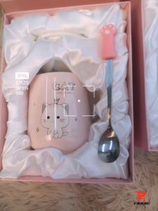 Pink Gift Box Set Cat Kitty Mug Spoon Lovely Girl Present | Hadiah Untuk Perempuan Cawan Sudu Warna Pink