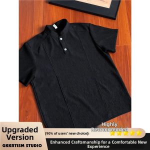 Tree Bark Texture Henry Collar Heavy Ice Silk Tshirt Summer Icy Patchwork Short Sleeve