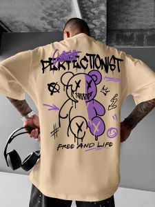 Mens summer 100 cotton fashionable casual sports loose American street letter printed round neck short sleeved T-shirt top