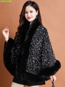 Cape Fleece-lined Thickened Plush Shawl Female Fall and Winter New Arrival Fashion Fur Collar All-Match Sequins Cloak Heattech Outwear