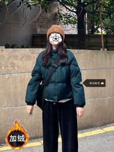 Áo Khoác Cotton Dày Cỡ Lớn Cho Nữ Mùa Đông Cổ Đứng Dáng Rộng Ngắn Họa Tiết Kẻ Caro Áo Khoác Ngoài