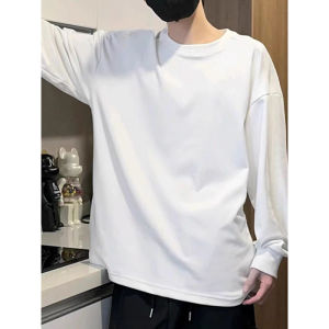 คลีนฟิต สีขาว เสื้อยืดแขนยาวผู้ชายสไตล์พื้นฐาน ผ้าขนแกะ ใส่ด้านใน ไหล่พอดี เสื้อสเว็ตเชิ้ต สำหรับ ฤดูใบไม้ร่วง ฤดูหนาว