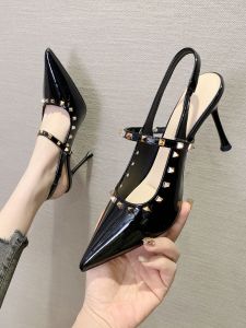 รองเท้าแตะส้นสูงหัวแหลมแบบมีหัวเข็มขัดรัดหลัง ส้นสูงพิเศษ หนังทาสี รองเท้าส้นเดี่ยวสุดเซ็กซี่ ทรงหัวแหลม ทรงหัวมน รองเท้าแฟชั่น