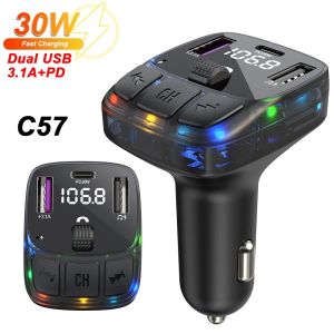 30W Fast Charging 1 Drag 3 2USB+1PD Type C Car FM Bluetooth 5.3 Transmitter Charger MP3 C56 C57