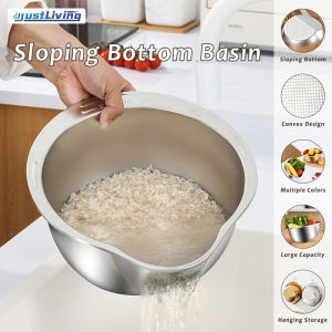 JustLiving 304 Stainless Steel Rice Washer Strainer Bowl 4-in-1 Washing Bowl with Side Drainers Small Colander for Cleaning Fruits/ Vegetables/ Beans and More - Versatile Kitchen Tool