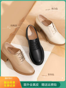 Comfortable Camel Womens Leather Shoes Soft Bottom Fashionable Spring New Cowhide High Heels Thick Heel Slip-On Single Shoes