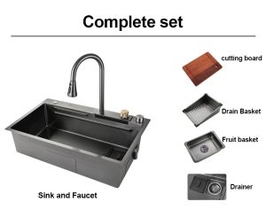 Bồn rửa chén bát hot 2022 vòi rửa chỉnh nhiệt 4 chế độ rửa kèm các phụ kiện inox 304 phủ nano xám khói Vihan