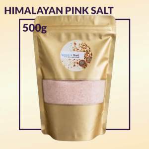 Himalayan Pink Salt 500g resealable pouch with transparent window for viewing contents.