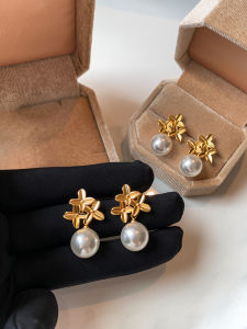 CAFFTI | French Style Pearl Earrings with Golden Flower Design
