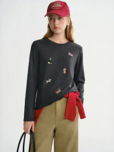 DUSHU | Plus Size Women Fun Embroidery Thin Fleece Long Sleeve T-Shirt
