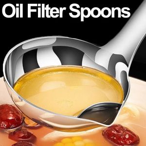 กระชอนช้อนกรองน้ำมันสแตนเลสช้อนมือจับยาวน้ำซุปซุปโคแลนเดอร์น้ำเกรวี่น้ำมันเครื่องแยกไขมันอุปกรณ์โต๊ะครัว