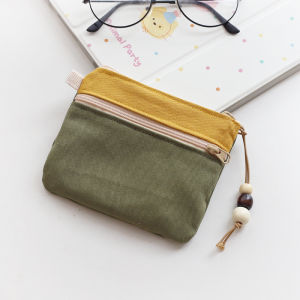 Mini Canvas Zipper Wallet Multi-Layer Card Key Coin Purse Simple Color Art Japanese Style Youth Fashion Small Bag