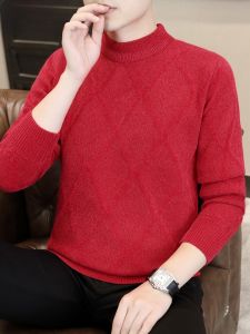 HENGYUANXIANG | Hengyuanxiang Mens Thickened Half High Collar Sweater Winter Fashion Warm Knitted Red Base Shirt Integrated Fleece Soft Nylon Polyester