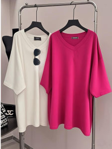 Minimalist V-Neck Oversize Short Sleeve T-Shirt Women Summer Loose Pure Color Top Comfortable Lazy Style Commuting Cotton Blend