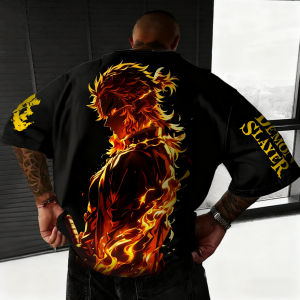 Demon Slayer Anime Rengoku Kyoujurou Printed T-shirt Summer New Mens Japanese Harajuku Loose Casual Childrens Parent Child Top