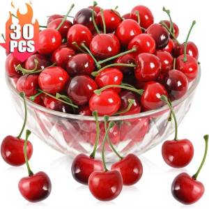 30ชิ้นเชอร์รี่ปลอมผลเชอร์รี่เทียมเชอร์รี่สีดำจำลองสีแดงโมเดลของตกแต่งบ้านปาร์ตี้ครัวตกแต่ง