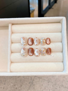 Cloud White Christmas Handmade Nail Tips Short Glass Bead Design Autumn Winter High-End Feeling Fake Nails Tips Stickers