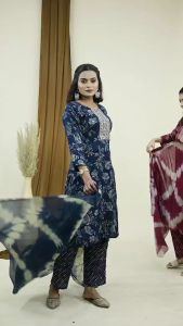 RAYON CAPSULE PRINT SEQUENCE WORK KURTI WITH PANT AND SHIBORI PRINT DUPATTA