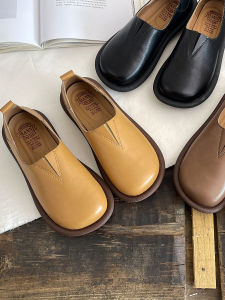 สไตล์อังกฤษ ของแท้ย้อนยุค หนัง นิ้วเท้ากลมแบบสวม ลำลอง รองเท้าส้นแบนสบาย ผู้หญิง รองเท้าแฟชั่นเดี่ยว