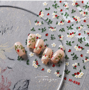 1Pcs 5D Jelly White Lily Red Strawberry Nail Art Sticker Peony Rose Camellia Embossed Nails Decals Delicate Nail Art Decorations