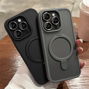 Luxury Metal Holder Magnetic Wireless Charge Phone Case For iPhone 11 12 13 14 15 16 17 Pro Max Air Plus Shockproof Matte Cover