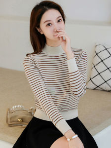 เสื้อสเวตเตอร์ถักคอสั้นหนาสำหรับผู้หญิง ฤดูใบไม้ร่วง/ฤดูหนาว 2025 ใหม่ เสื้อชั้นในถักแบบเข้ารูป ลายทาง ความยาวสั้น สำหรับผู้หญิง