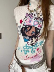 Sweet And Spicy Cartoon Print Halftime High Collar Womens Slim Fit Short T-Shirt American Retro Style Y2K Body Shaping Top