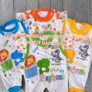 Baju Romper Jumper Bayi Model Kodok Lengan Pendek Usia 0-5Bulan Motif Safari Lucu Bahan Lembut